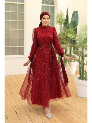 Bordo Larissa Boncuklu Tül Abiye Elbise Bordo Larissa Boncuklu Tül Abiye Elbise