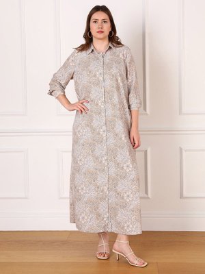 Büyük Beden Gömlek Yaka Düğmeli Elbise Bej Çiçek Desenli