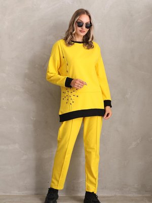 Sarı Kristal Motif Taşlı Eşofman Takım