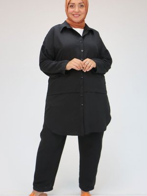 Siyah Büyük Beden Önden Patlı Mucize Pantolonlu Takım Siyah Büyük Beden Önden Patlı Mucize Pantolonlu Takım
