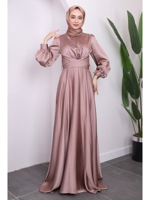 Vizon Ön Bağlamlı Saten Abiye Elbise