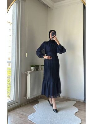 Janjan Piliseli Abiye Elbise Lacivert