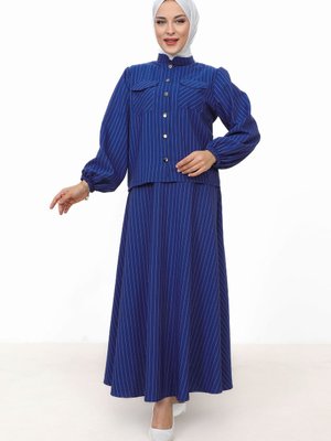 Hira Çizgili Etekli Takım Saks Mavisi