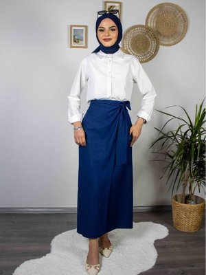 Fiyonk Bağlamalı Keten Etek Lacivert Fiyonk Bağlamalı Keten Etek Lacivert