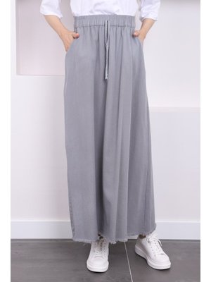 Gri Bel Lastikli Cepli Püsküllü Gabardin Keten Etek