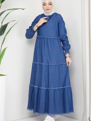 Önü Bağcık Detaylı Kot Elbise Koyu Mavi Önü Bağcık Detaylı Kot Elbise Koyu Mavi
