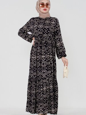 Etnik Desenli Beli Tünelli Viskon Elbise Siyah Etnik Desenli Beli Tünelli Viskon Elbise Siyah