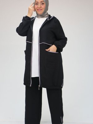 Siyah Antrasit Büyük Beden Biye Detaylı Pantolonlu Takım Siyah Antrasit Büyük Beden Biye Detaylı Pantolonlu Takım