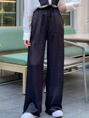 Bol Paça Saten Pantolon Siyah