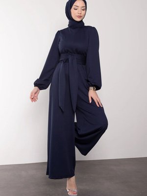 Geniş Kuşak Dolamalı Tulum Lacivert