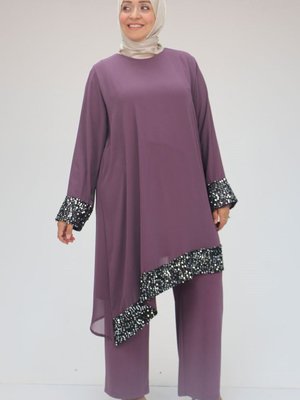 Lila Büyük Beden Pul Payet Şifonlu Pantolonlu Takım Lila Büyük Beden Pul Payet Şifonlu Pantolonlu Takım