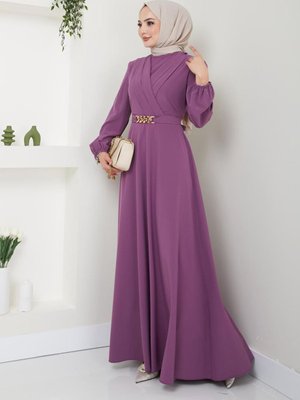 Zincir Kemerli Abiye Elbise Lila