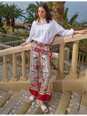 Etnik Desen Beli Lastikli Bol Paça Pantolon Kırmızı