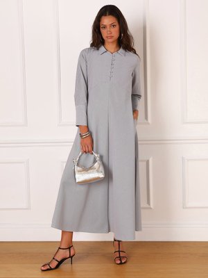 Brit Düğme Detaylı Poplin Elbise Siyah Beyaz