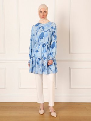 Mavi Yaprak Desenli Şifon Tunik