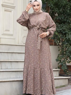 Eteği Volanlı Çiçek Desenli Viskon Elbise