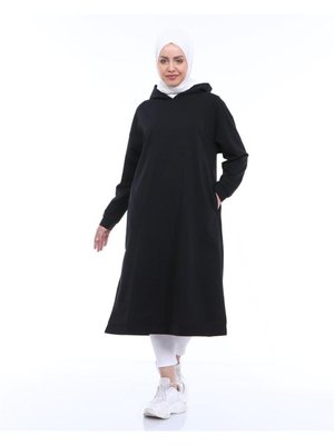 Atlas Kapüşonlu Uzun Sade Basic Sweatshirt Siyah