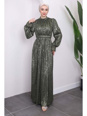 Haki Kol Detaylı Pul Payetli Abiye Elbise Haki Kol Detaylı Pul Payetli Abiye Elbise