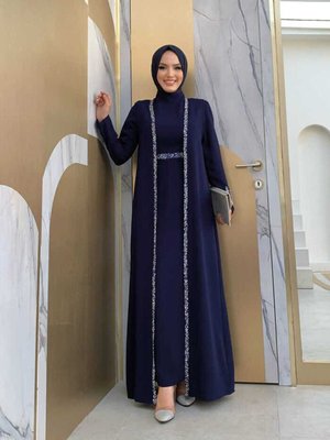 Taş İşleme Detaylı Yelekli Elbise Takım Lacivert