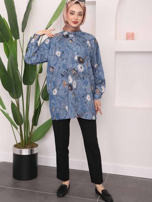 İndigo Desenli Moss Krep Gömlek