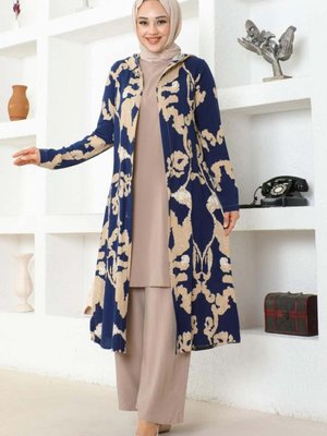 Desenli Üçlü Takım Lacivert