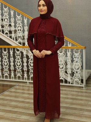 Omuzları Pelerinli Abiye Elbise Bordo Omuzları Pelerinli Abiye Elbise Bordo