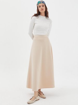 Fermuarlı Uzun Scuba Etek Bej Fermuarlı Uzun Scuba Etek Bej