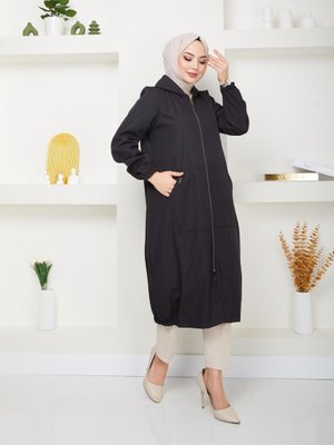 Kadın Tesettür Kapüşonlu Kol Lastikli Trenç Kot Kadın Tesettür Kapüşonlu Kol Lastikli Trenç Kot