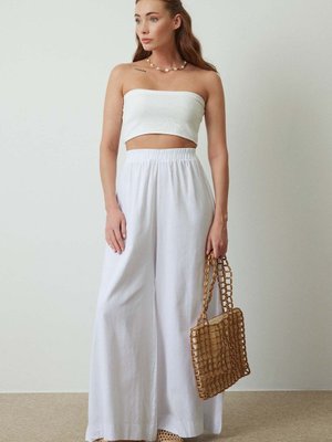 Keten Bol Paça Beyaz Pantolon