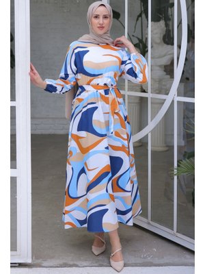 Mavi Beli Lastikli Desenli Elbise