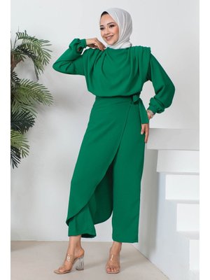 Zümrüt Yeşili Balıkçı Yaka Drapeli Tulum