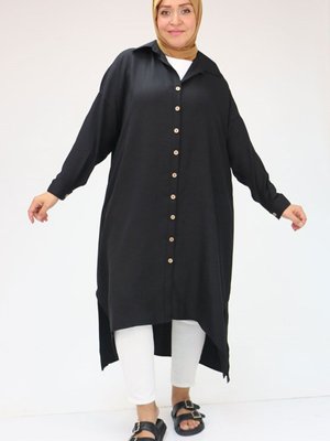 Siyah Büyük Beden Yanı Yırtmaçlı Keten Tunik
