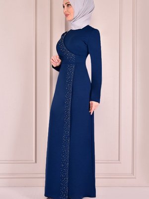 Taş Işlemeli Uzun Elbise İndigo