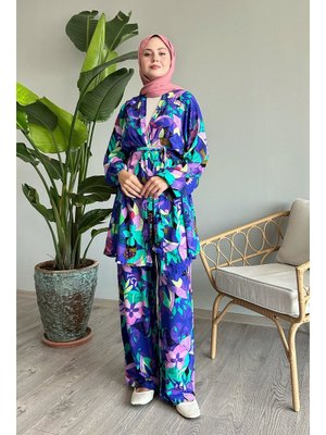 Çiçekli Viskon Mor İkili Takım