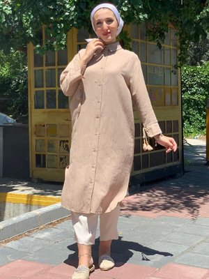 Camel Uzun Keten Gömlek Tunik Camel Uzun Keten Gömlek Tunik