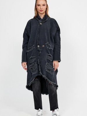 Siyah Özel Koleksiyon Yırtık Detaylı Uzun Denim Ceket Siyah Özel Koleksiyon Yırtık Detaylı Uzun Denim Ceket