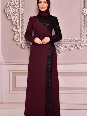 Pul Detaylı Abiye Elbise Bordo