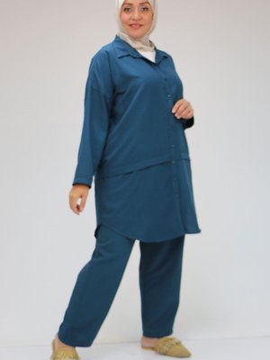 Petrol Büyük Beden Önden Patlı Mucize Pantolonlu Takım Petrol Büyük Beden Önden Patlı Mucize Pantolonlu Takım
