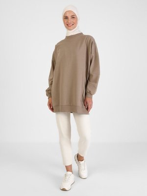 Oversize Pamuk Kumaşlı Uzun Sweatshirt Koyu Vizon