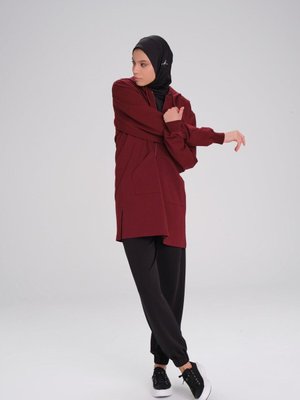 Yumuşak Dokulu Kapüşonlu Fermuarlı Bordo Basic Günlük Sweatshirt Act