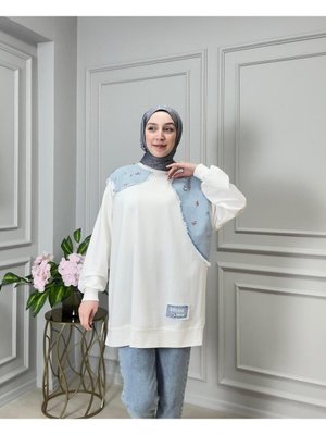 Denim Garnili Taşlı Sweat Denim Garnili Taşlı Sweat