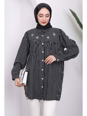 Siyah Yaka Taşlı Çizgili Tunik
