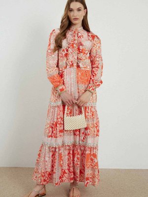 Floral Etnik Baskılı Elbise Turuncu