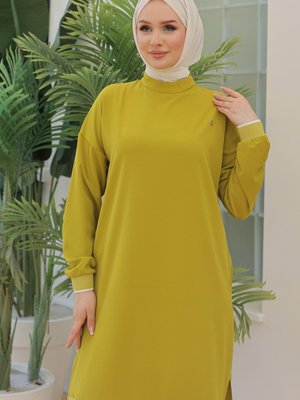 Armine Trend Kolları Ribanalı Arkadan Uzatmalı Basic Tunik Olive