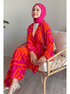 Şeritli İkili Fuşya Viskon Takım