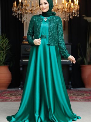 Ceket Detaylı Yeşil Saten Abiye Elbise Ceket Detaylı Yeşil Saten Abiye Elbise