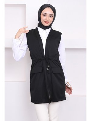Siyah Sahte Cepli Bel Bağlamalı Yelek Siyah Sahte Cepli Bel Bağlamalı Yelek