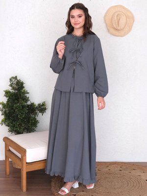 Antrasit Organik Keten Eteği Fırfırlı Etek