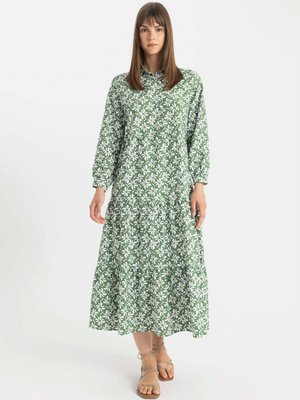 Relax Fit Yaka Desenli Poplin Uzun Kollu Maxi Gömlek Elbise D0569ax24hs