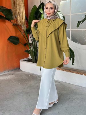 Şerit Detaylı Gömlek Yağ Yeşili